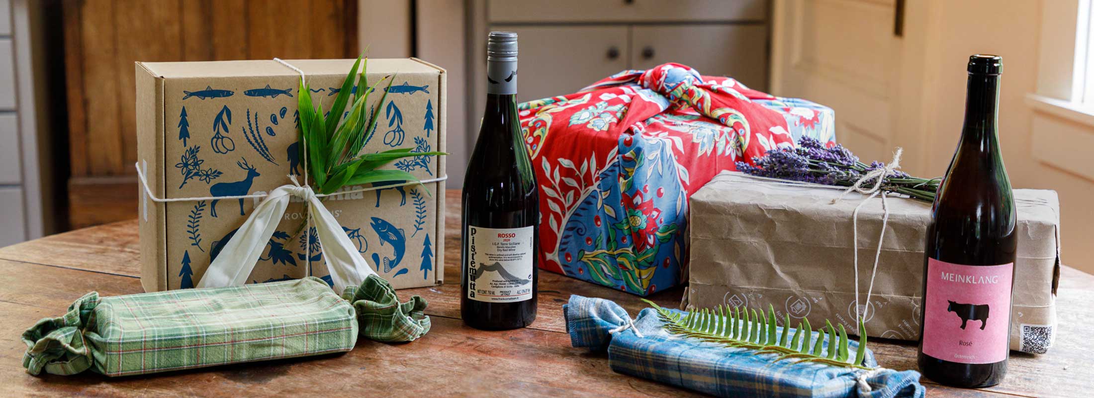 A selection of Patagonia Provisions holiday gifts, wrapped in environmentally friendly ways